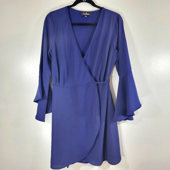 LULU'S navy blue bell sleeve genuine wrap lined flowy mini dress - Picture 2 of 13